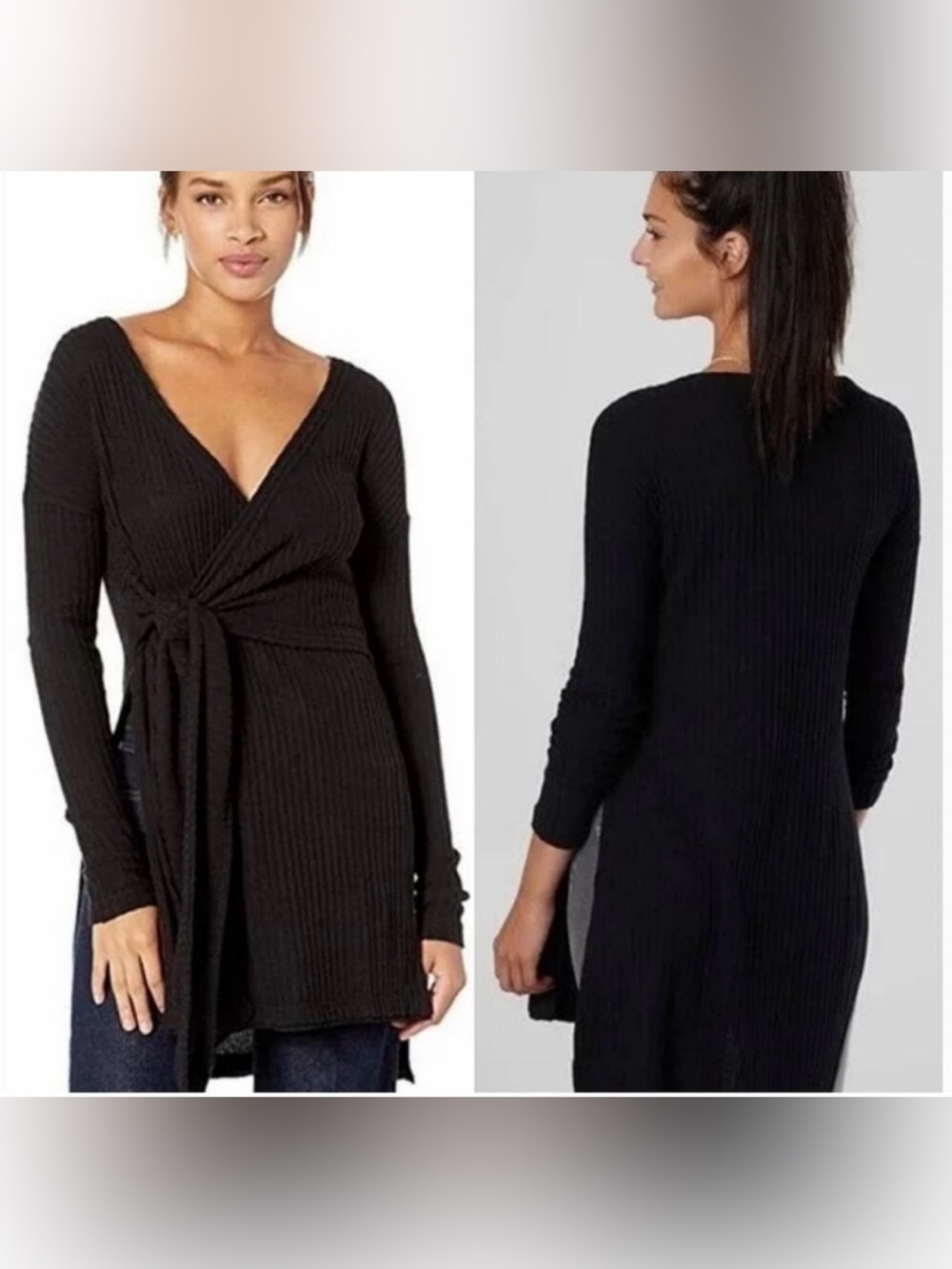 Free People Fall for You Black Ribbed Wrap Tunic Sweater